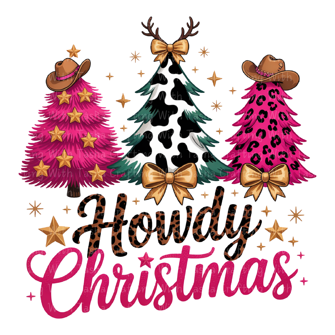 Three Christmas trees with cowboy hats and bows, featuring the text 'Howdy Christmas' on a white background.