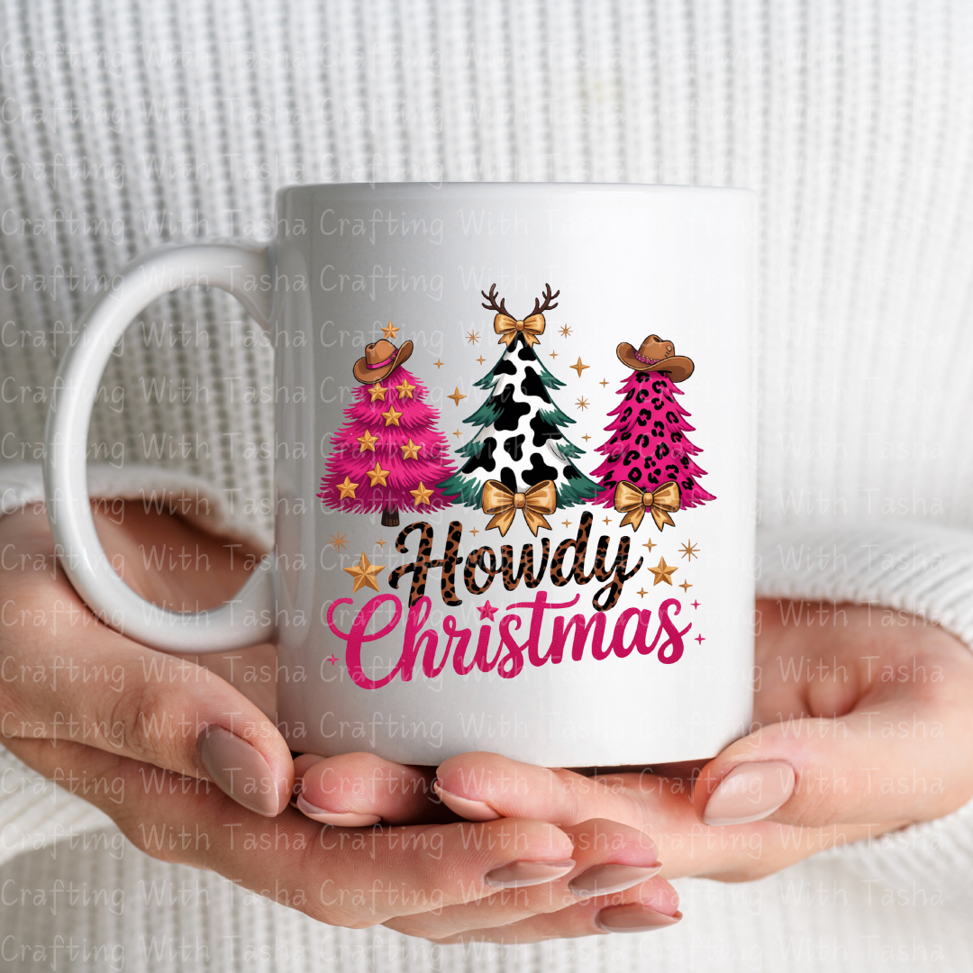 Howdy Christmas Western Tree DTF Transfer – Pink Leopard, Cow Print, Rustic Country Holiday Shirt & Cup Design