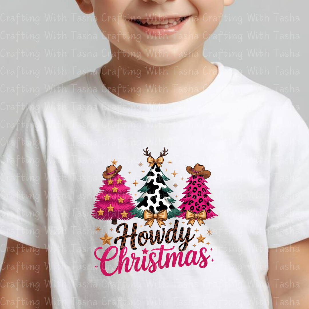 Howdy Christmas Western Tree DTF Transfer – Pink Leopard, Cow Print, Rustic Country Holiday Shirt & Cup Design