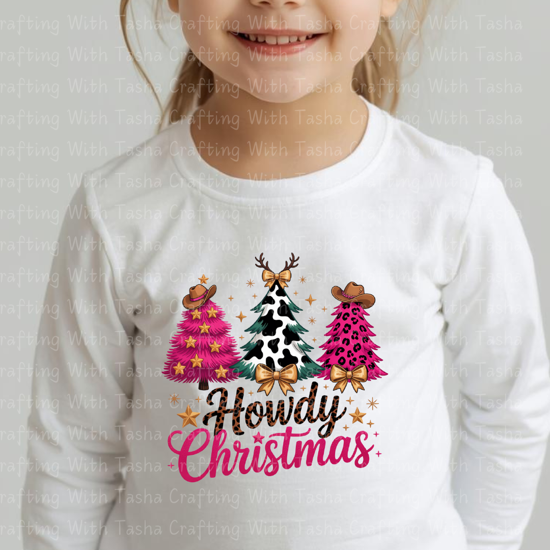 Howdy Christmas Western Tree DTF Transfer – Pink Leopard, Cow Print, Rustic Country Holiday Shirt & Cup Design