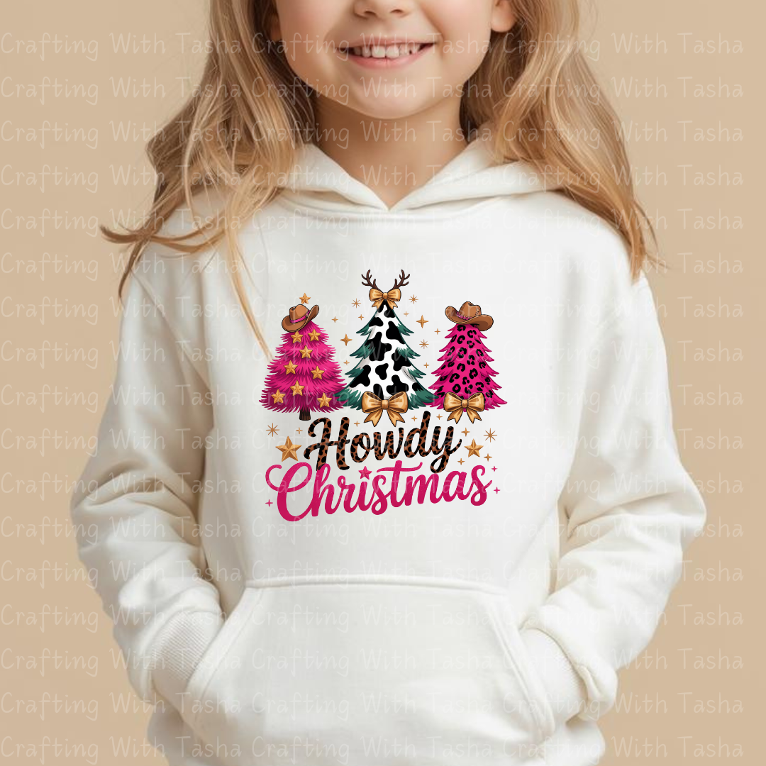 Howdy Christmas Western Tree DTF Transfer – Pink Leopard, Cow Print, Rustic Country Holiday Shirt & Cup Design