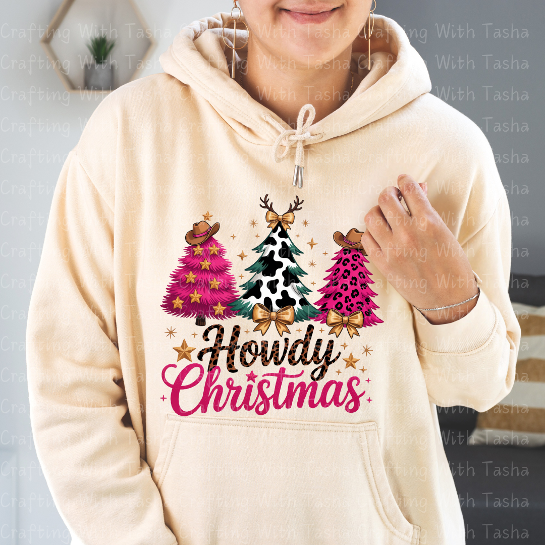Howdy Christmas Western Tree DTF Transfer – Pink Leopard, Cow Print, Rustic Country Holiday Shirt & Cup Design