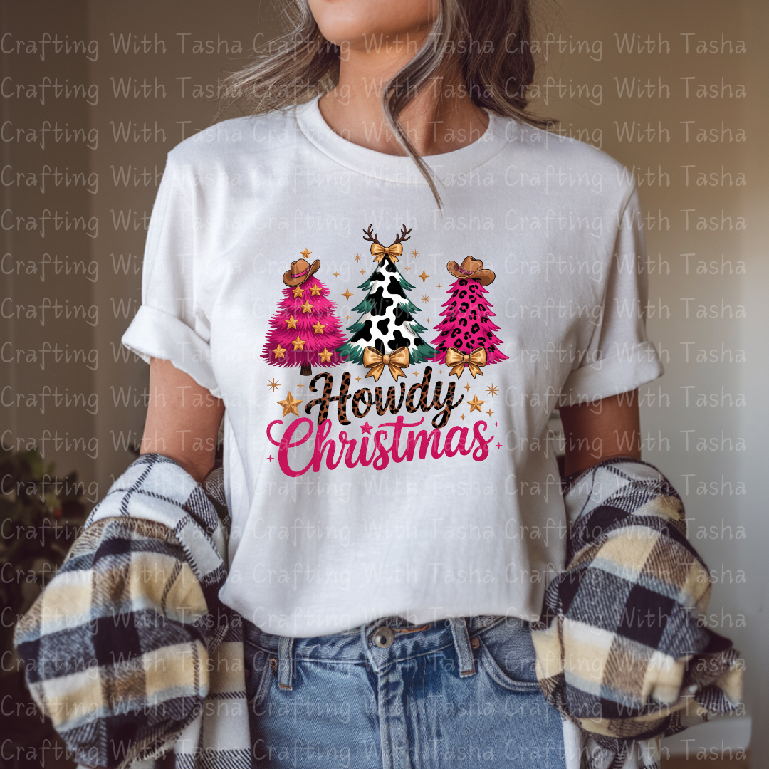 Howdy Christmas Western Tree DTF Transfer – Pink Leopard, Cow Print, Rustic Country Holiday Shirt & Cup Design