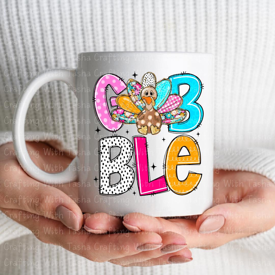 Colorful Patchwork Gobble Turkey Design – Customizable DTF Transfer, T-Shirt, Crew Neck, Hoodie, or Cup Transfer