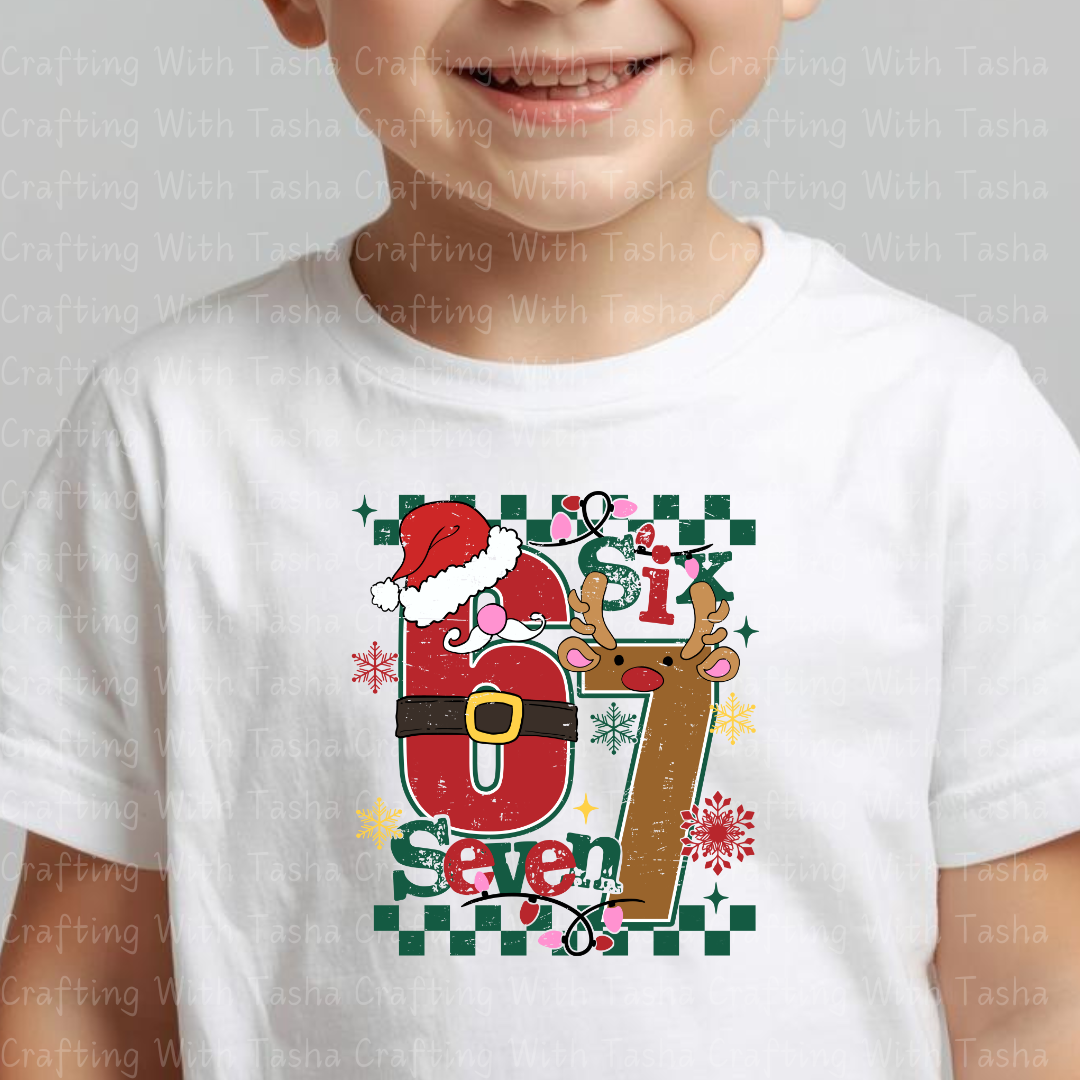 Kids Christmas “Six & Seven” Holiday DTF Transfer – Santa & Reindeer Number Design for Shirts, Hoodies & Cups