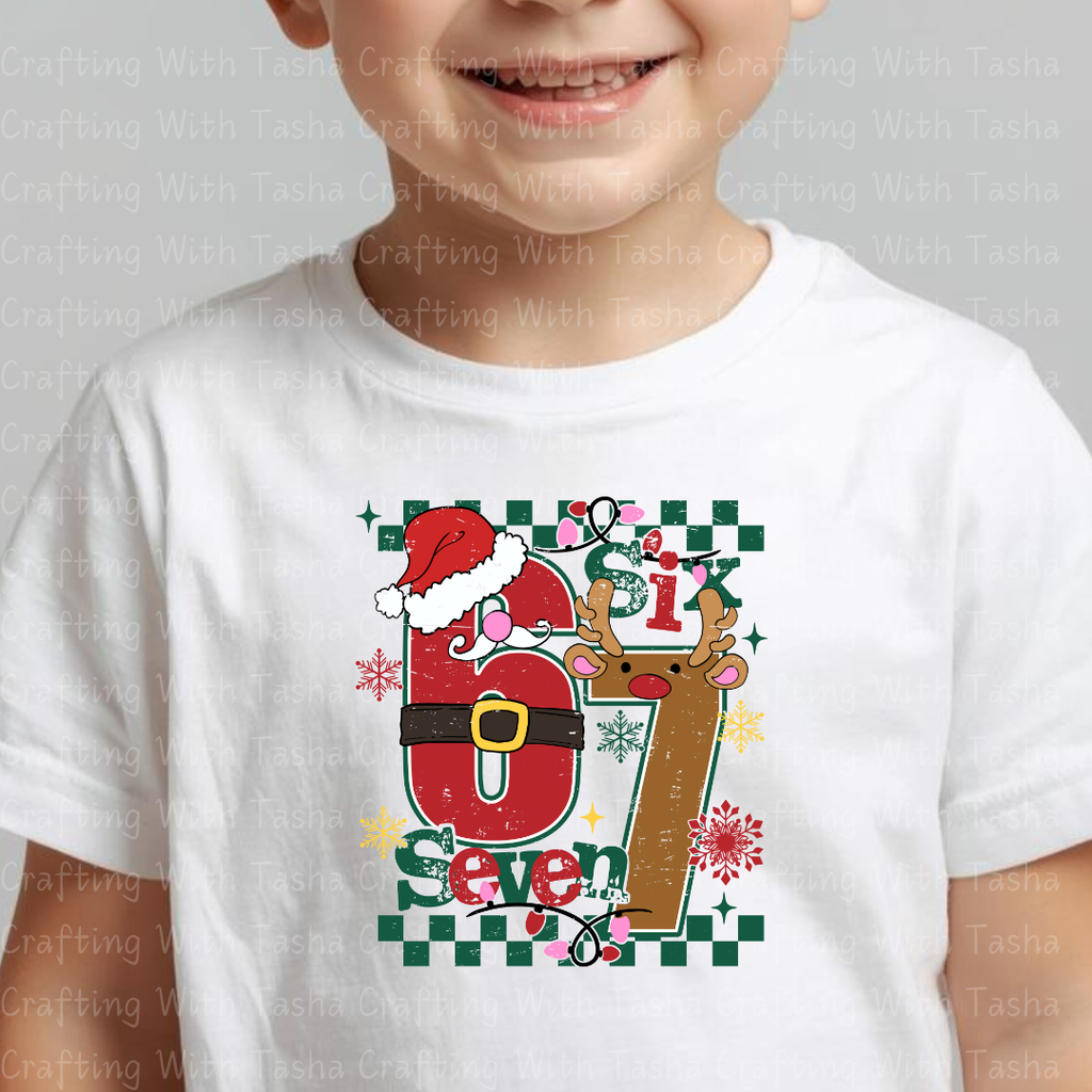 Kids Christmas “Six & Seven” Holiday DTF Transfer – Santa & Reindeer Number Design for Shirts, Hoodies & Cups