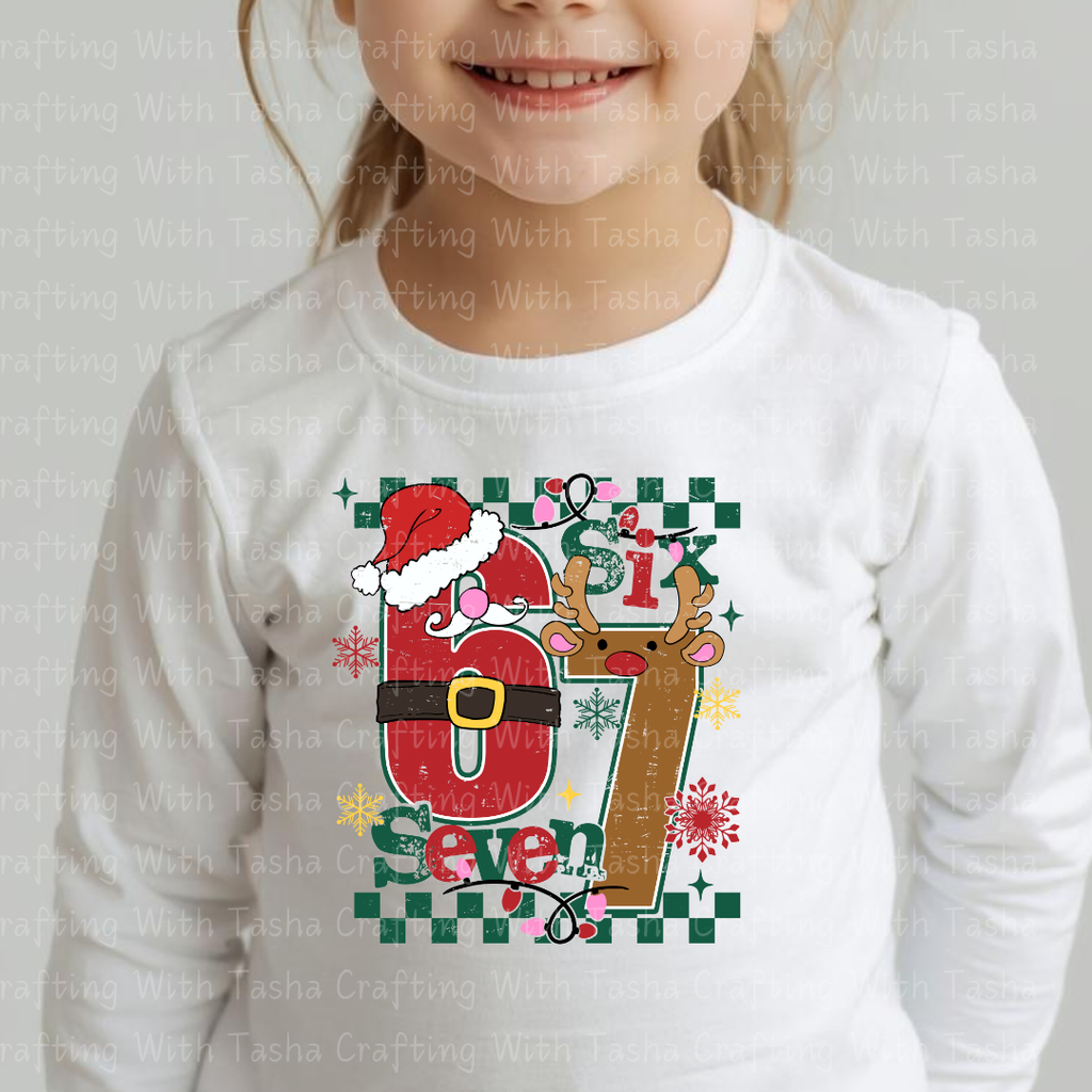 Kids Christmas “Six & Seven” Holiday DTF Transfer – Santa & Reindeer Number Design for Shirts, Hoodies & Cups