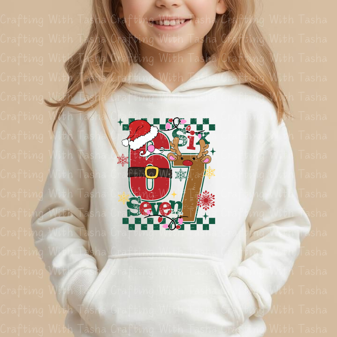 Kids Christmas “Six & Seven” Holiday DTF Transfer – Santa & Reindeer Number Design for Shirts, Hoodies & Cups