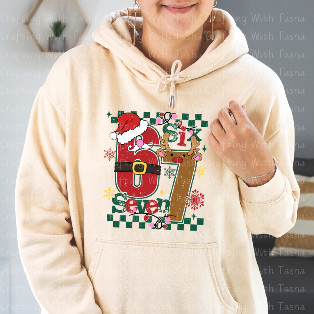 Kids Christmas “Six & Seven” Holiday DTF Transfer – Santa & Reindeer Number Design for Shirts, Hoodies & Cups