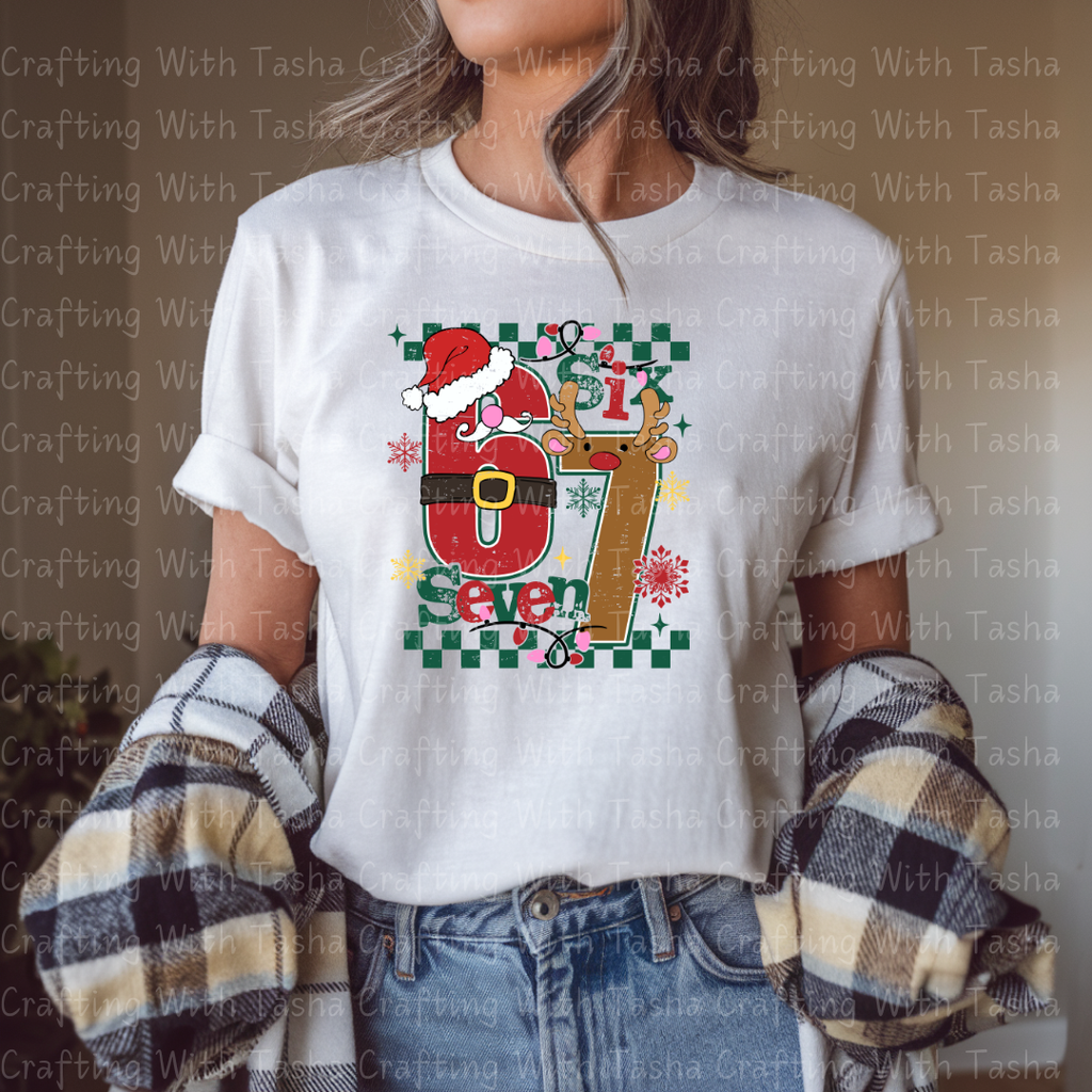 Kids Christmas “Six & Seven” Holiday DTF Transfer – Santa & Reindeer Number Design for Shirts, Hoodies & Cups