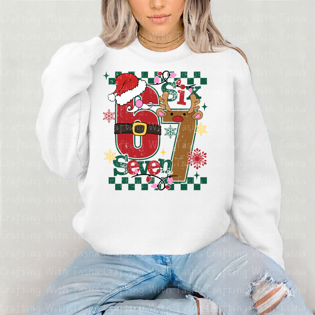 Kids Christmas “Six & Seven” Holiday DTF Transfer – Santa & Reindeer Number Design for Shirts, Hoodies & Cups