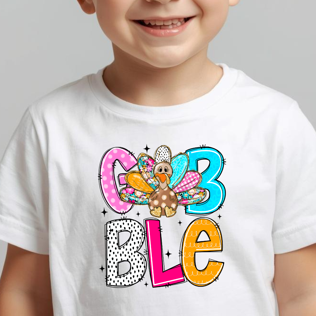 Colorful Patchwork Gobble Turkey Design – Customizable DTF Transfer, T-Shirt, Crew Neck, Hoodie, or Cup Transfer