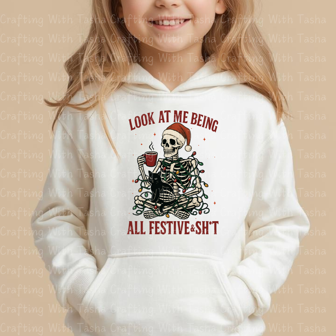 Funny Skeleton Christmas DTF Transfer – “All Festive & Sh*t” Holiday Coffee Design for Shirts, Hoodies & Cups