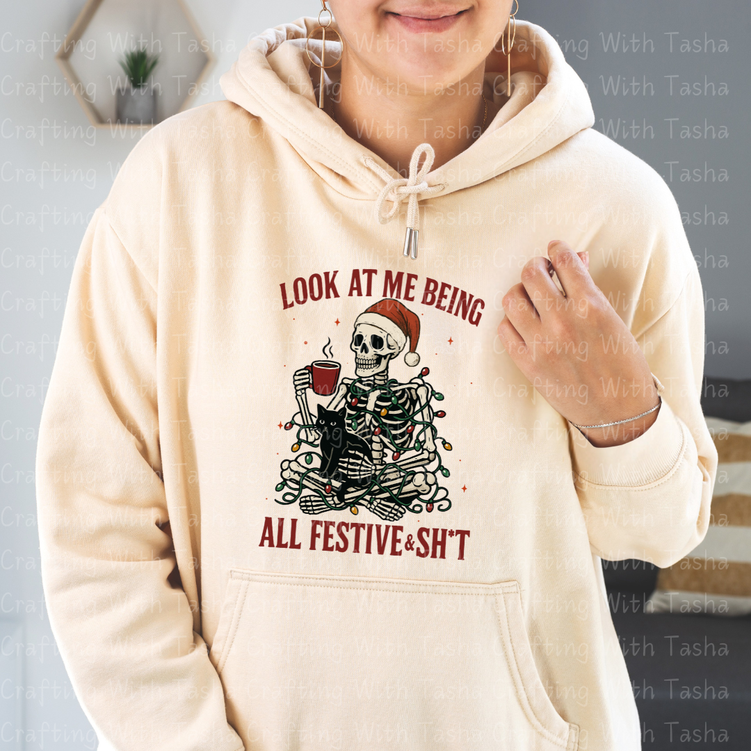 Funny Skeleton Christmas DTF Transfer – “All Festive & Sh*t” Holiday Coffee Design for Shirts, Hoodies & Cups