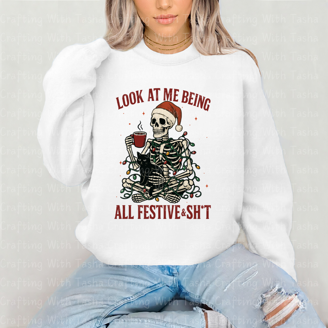 Funny Skeleton Christmas DTF Transfer – “All Festive & Sh*t” Holiday Coffee Design for Shirts, Hoodies & Cups