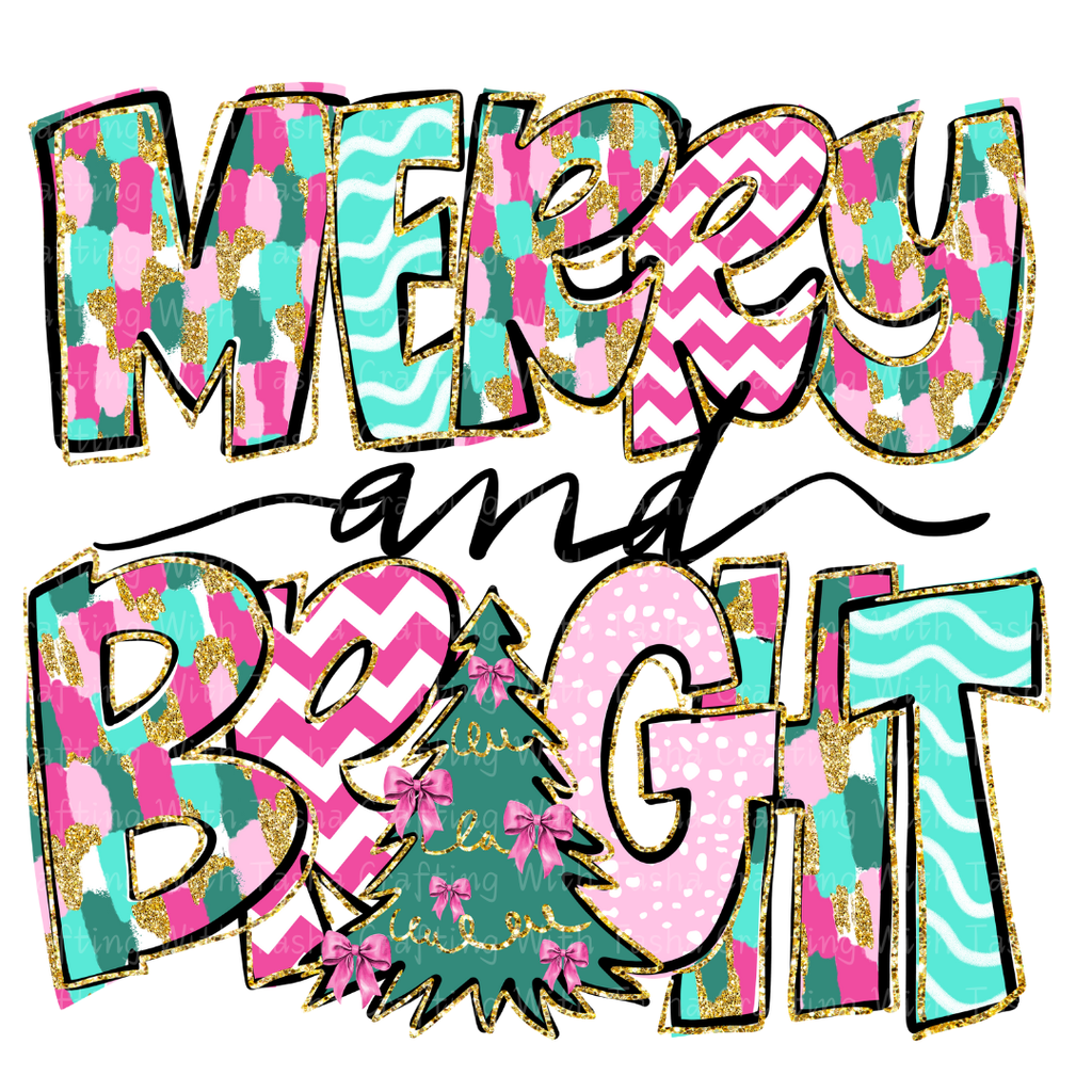 Merry and Bright Colorful Christmas DTF Transfer – Pink & Teal Glitter Patchwork Holiday Design for Shirts, Hoodies & Cups