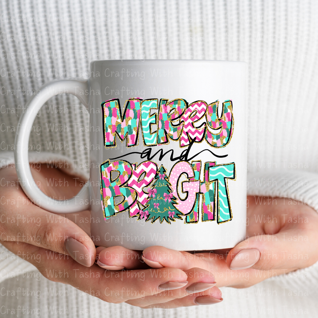 Merry and Bright Colorful Christmas DTF Transfer – Pink & Teal Glitter Patchwork Holiday Design for Shirts, Hoodies & Cups