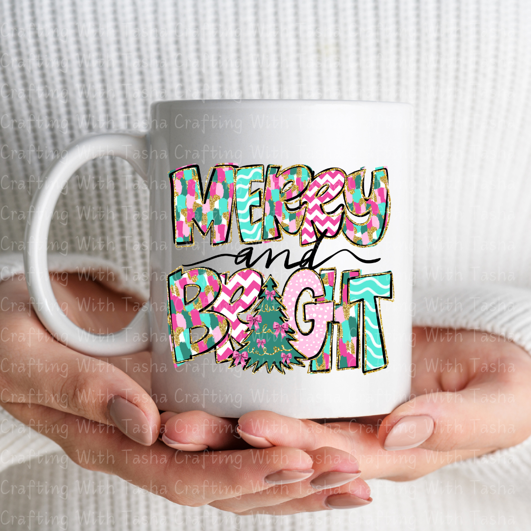 Merry and Bright Colorful Christmas DTF Transfer – Pink & Teal Glitter Patchwork Holiday Design for Shirts, Hoodies & Cups