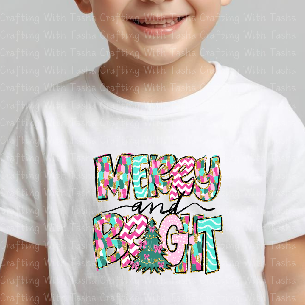 Merry and Bright Colorful Christmas DTF Transfer – Pink & Teal Glitter Patchwork Holiday Design for Shirts, Hoodies & Cups