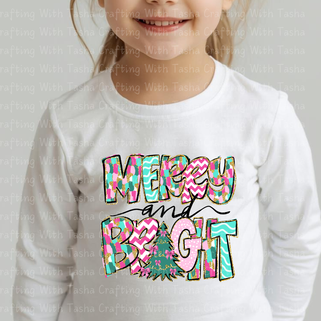 Merry and Bright Colorful Christmas DTF Transfer – Pink & Teal Glitter Patchwork Holiday Design for Shirts, Hoodies & Cups