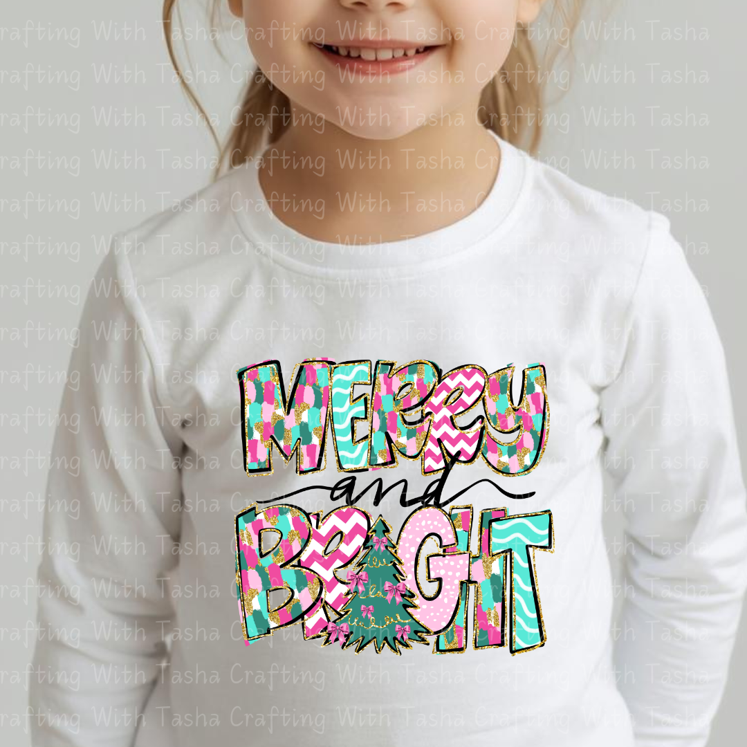 Merry and Bright Colorful Christmas DTF Transfer – Pink & Teal Glitter Patchwork Holiday Design for Shirts, Hoodies & Cups