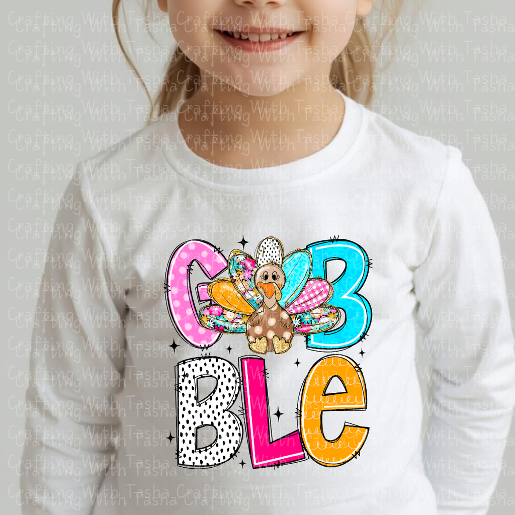 Colorful Patchwork Gobble Turkey Design – Customizable DTF Transfer, T-Shirt, Crew Neck, Hoodie, or Cup Transfer
