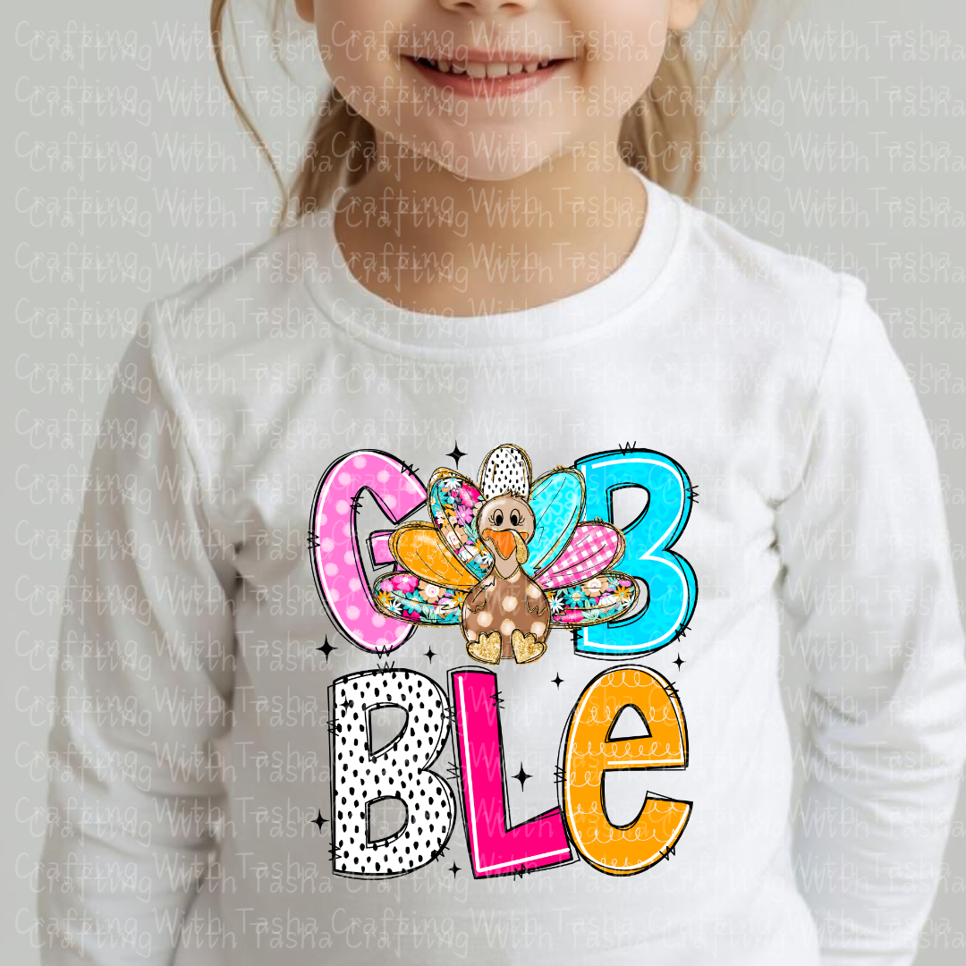 Colorful Patchwork Gobble Turkey Design – Customizable DTF Transfer, T-Shirt, Crew Neck, Hoodie, or Cup Transfer