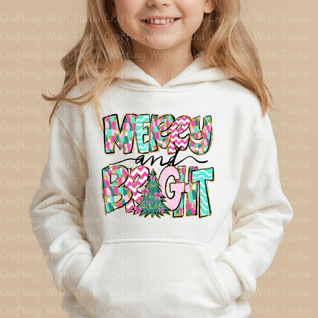 Merry and Bright Colorful Christmas DTF Transfer – Pink & Teal Glitter Patchwork Holiday Design for Shirts, Hoodies & Cups