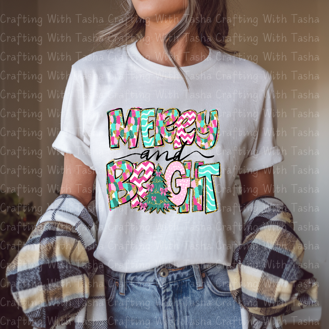 Merry and Bright Colorful Christmas DTF Transfer – Pink & Teal Glitter Patchwork Holiday Design for Shirts, Hoodies & Cups