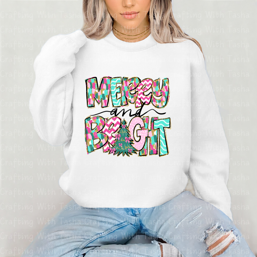 Merry and Bright Colorful Christmas DTF Transfer – Pink & Teal Glitter Patchwork Holiday Design for Shirts, Hoodies & Cups