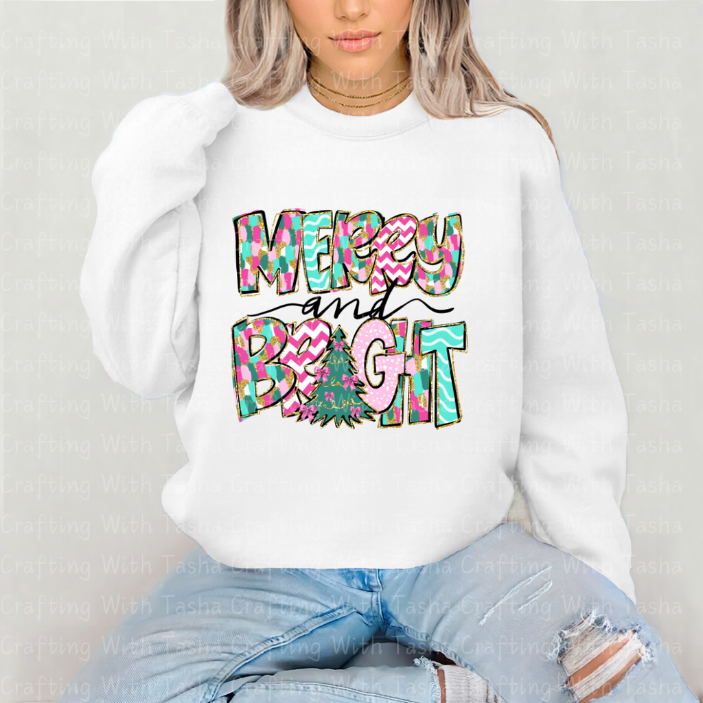 Merry and Bright Colorful Christmas DTF Transfer – Pink & Teal Glitter Patchwork Holiday Design for Shirts, Hoodies & Cups