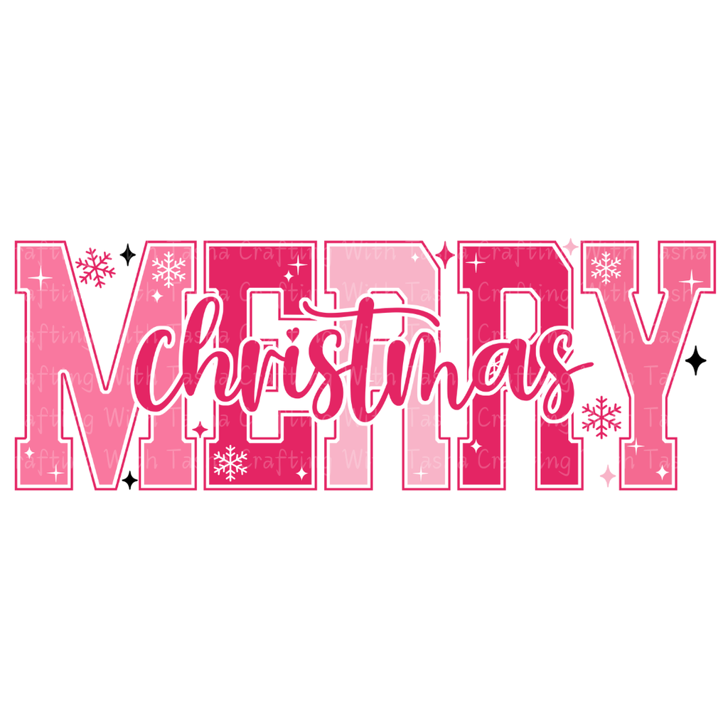 Pink 'Merry Christmas' text with snowflakes on a white background