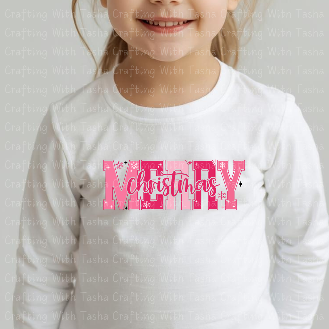 Merry and Bright Colorful Christmas DTF Transfer – Pink & Teal Glitter Patchwork Holiday Design for Shirts, Hoodies & Cups (Copy)