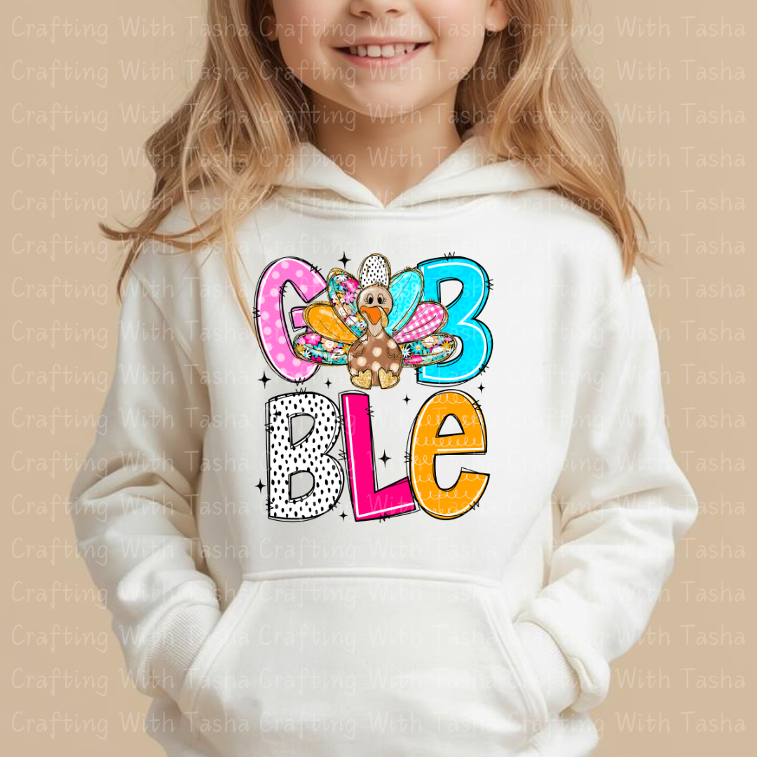 Colorful Patchwork Gobble Turkey Design – Customizable DTF Transfer, T-Shirt, Crew Neck, Hoodie, or Cup Transfer