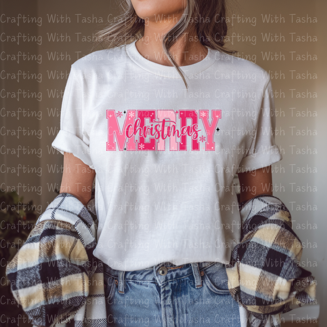Merry and Bright Colorful Christmas DTF Transfer – Pink & Teal Glitter Patchwork Holiday Design for Shirts, Hoodies & Cups (Copy)