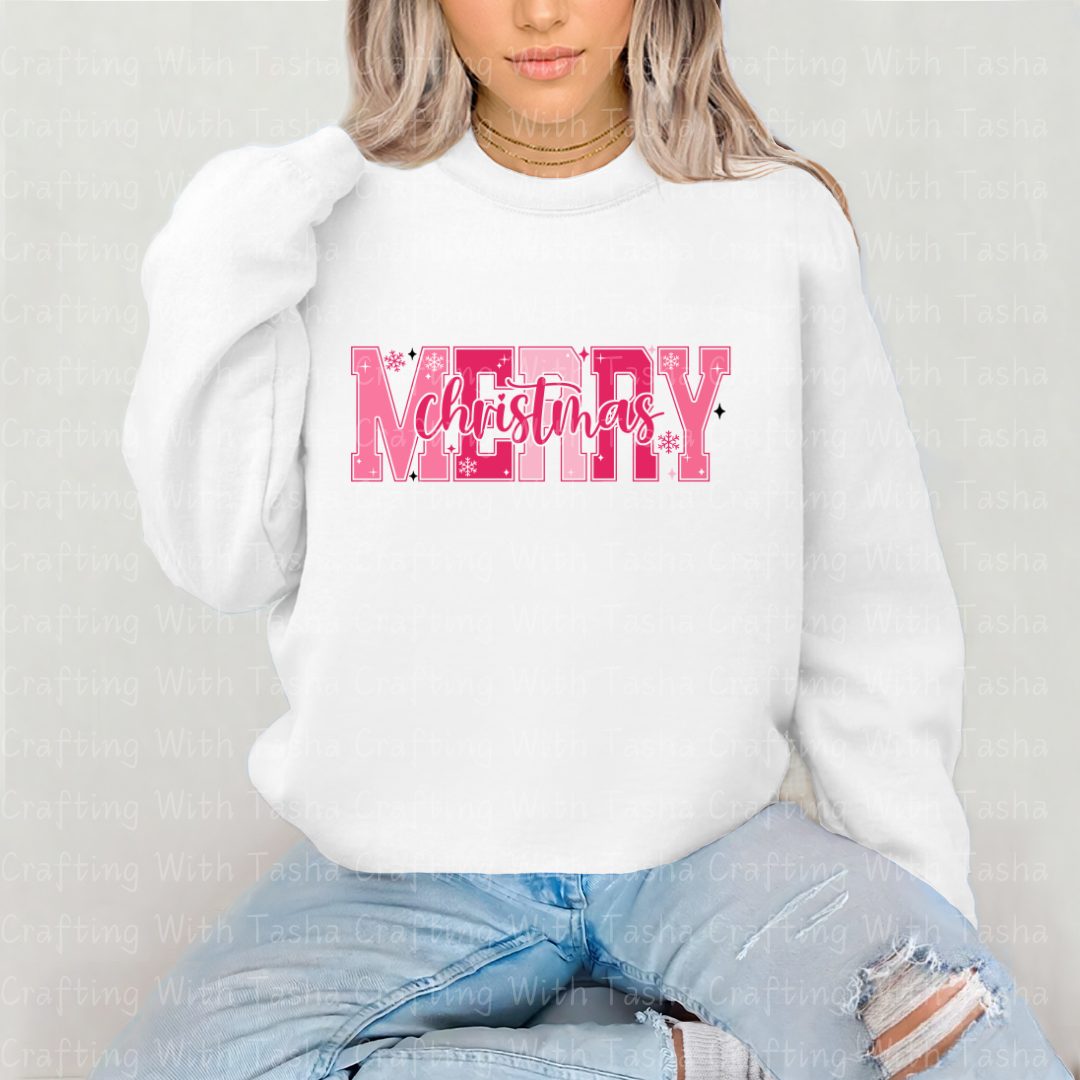 Merry and Bright Colorful Christmas DTF Transfer – Pink & Teal Glitter Patchwork Holiday Design for Shirts, Hoodies & Cups (Copy)