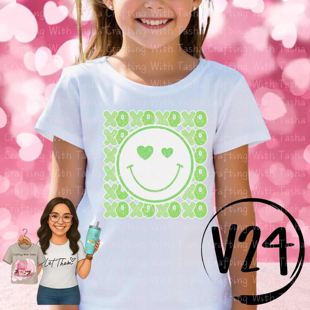 Kids Green  Valentine Smiley Face Shirt | Heart Eyes Smile Graphic Tee | Cute Valentine Outfit for Kids | Love Theme Youth Shirt