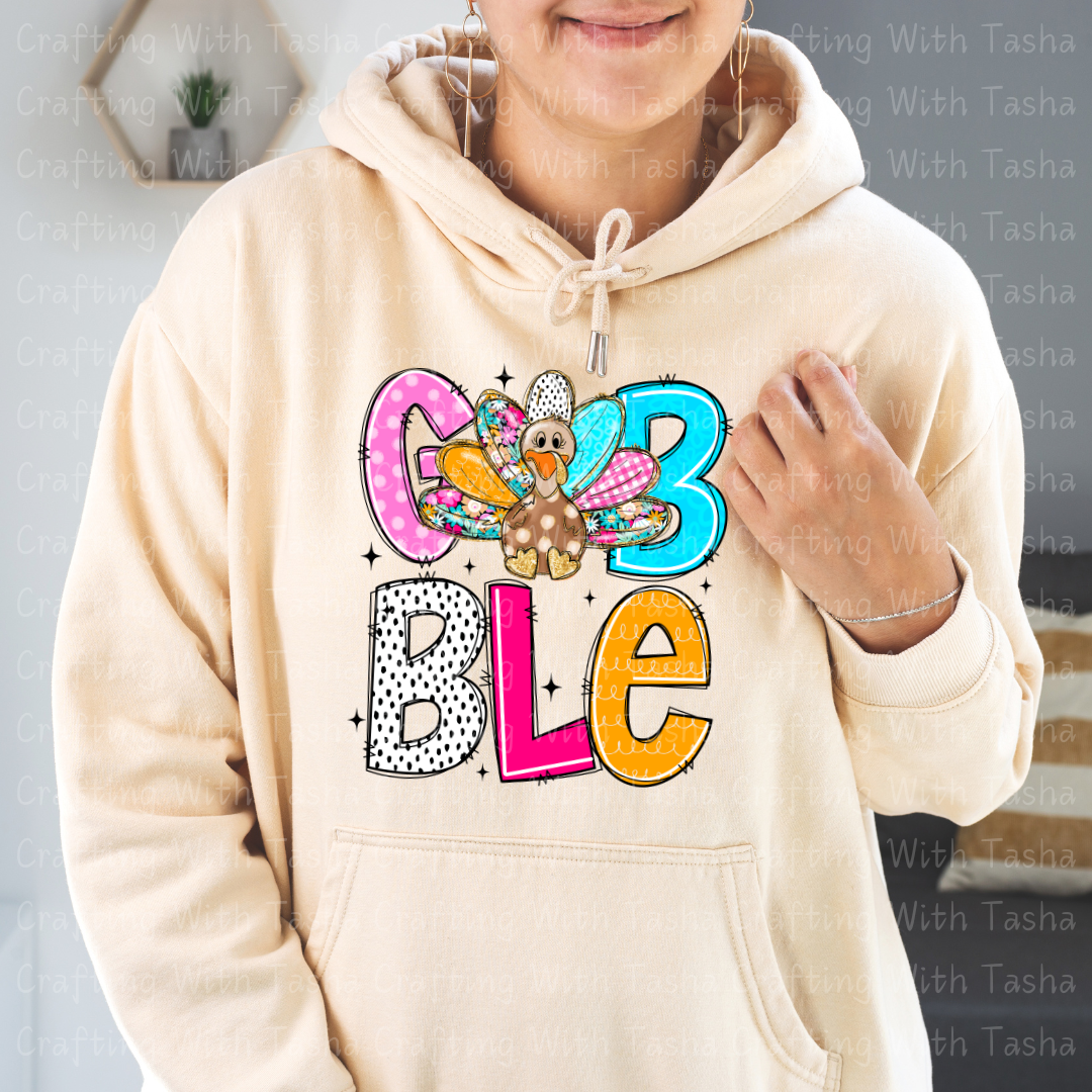 Colorful Patchwork Gobble Turkey Design – Customizable DTF Transfer, T-Shirt, Crew Neck, Hoodie, or Cup Transfer