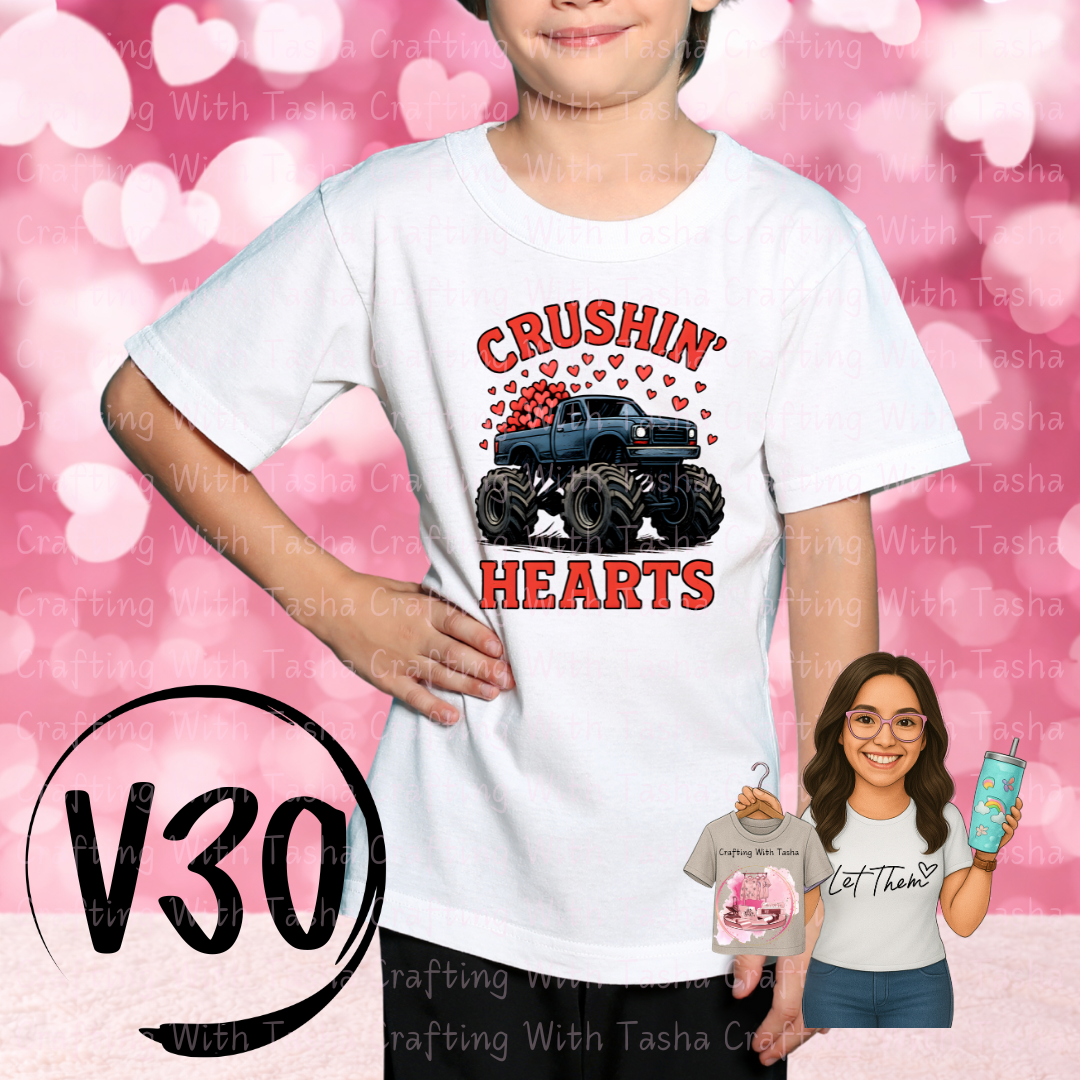 Crushin’ Hearts Monster Truck Valentine Shirt | Kids Truck Lover Graphic Tee | Youth Valentine Truck Shirt