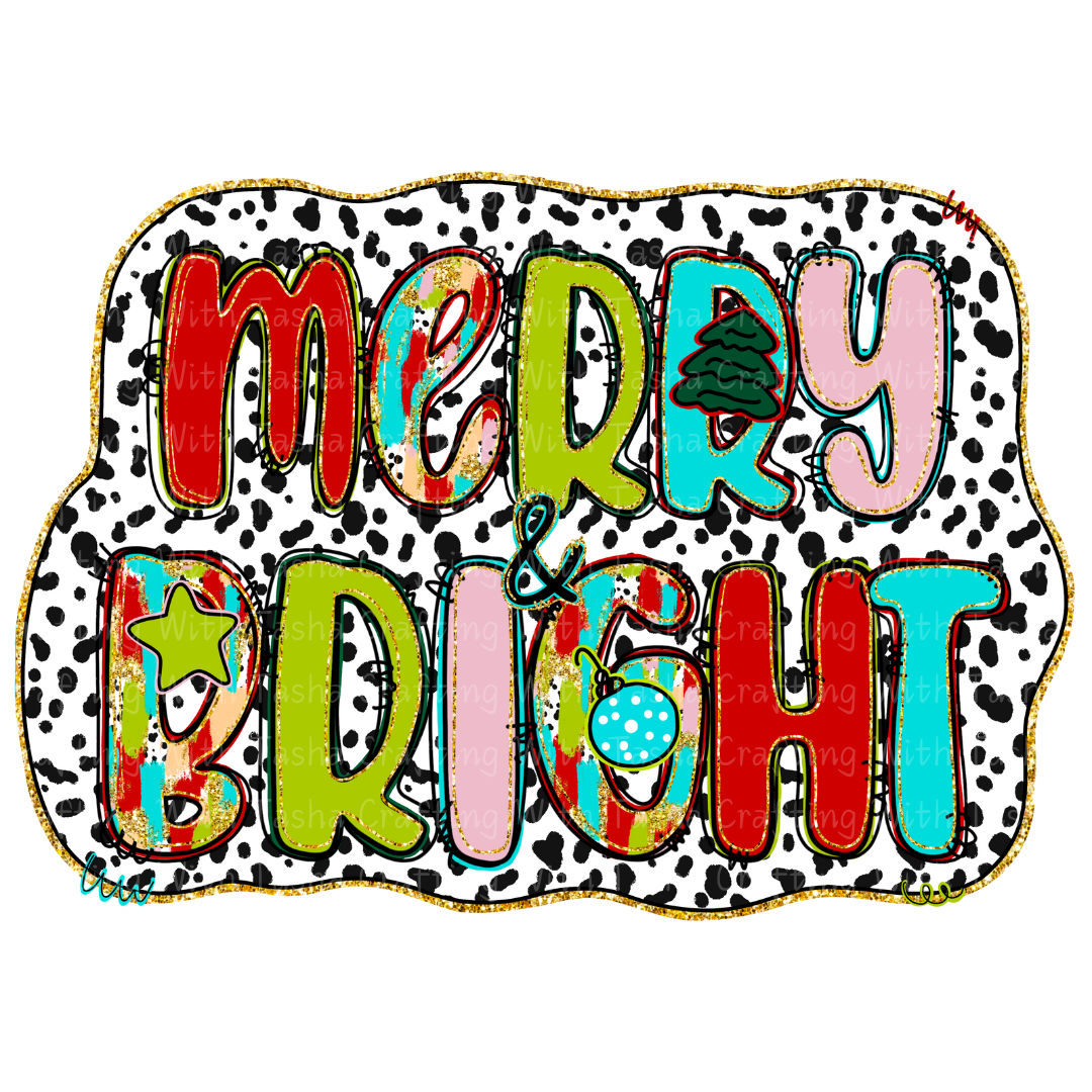 Colorful 'Merry & Bright' text on a patterned background