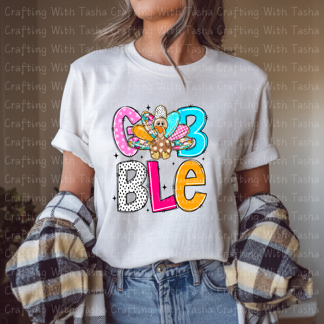 Colorful Patchwork Gobble Turkey Design – Customizable DTF Transfer, T-Shirt, Crew Neck, Hoodie, or Cup Transfer