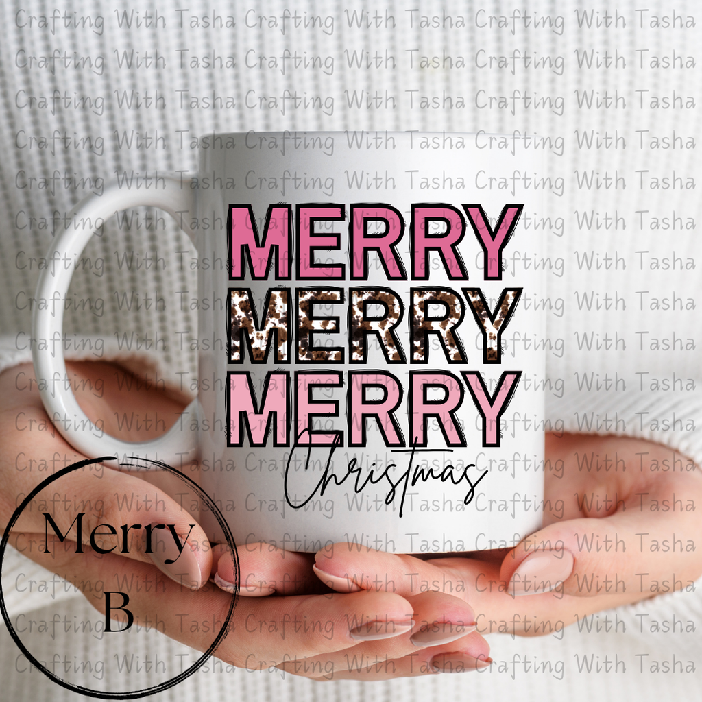 Merry Merry Merry Christmas Pink & Cow Print Design – Customizable DTF Transfer, T-Shirt, Crew Neck, Hoodie, or Cup Transfer