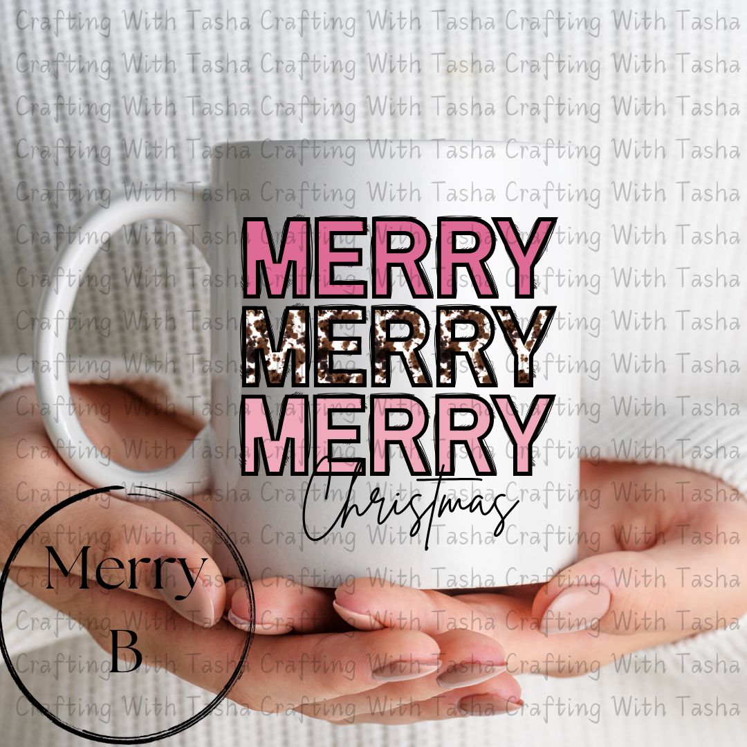 Merry Merry Merry Christmas Pink & Cow Print Design – Customizable DTF Transfer, T-Shirt, Crew Neck, Hoodie, or Cup Transfer