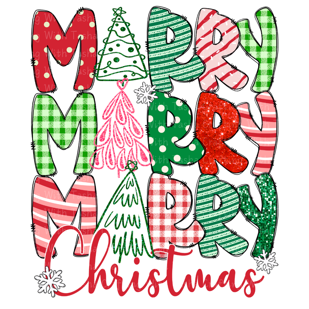 Colorful 'Merry Christmas' text with Christmas trees and snowflakes on a white background