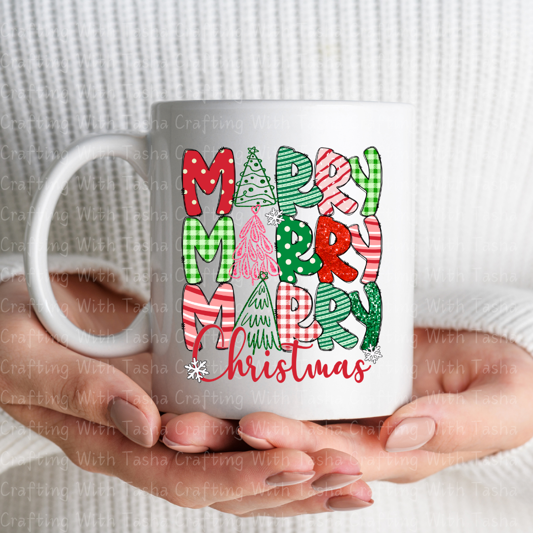 Merry Merry Christmas Patchwork DTF Transfer – Gingham, Glitter & Festive Trees Holiday Design