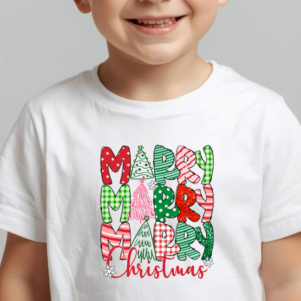 Merry Merry Christmas Patchwork DTF Transfer – Gingham, Glitter & Festive Trees Holiday Design
