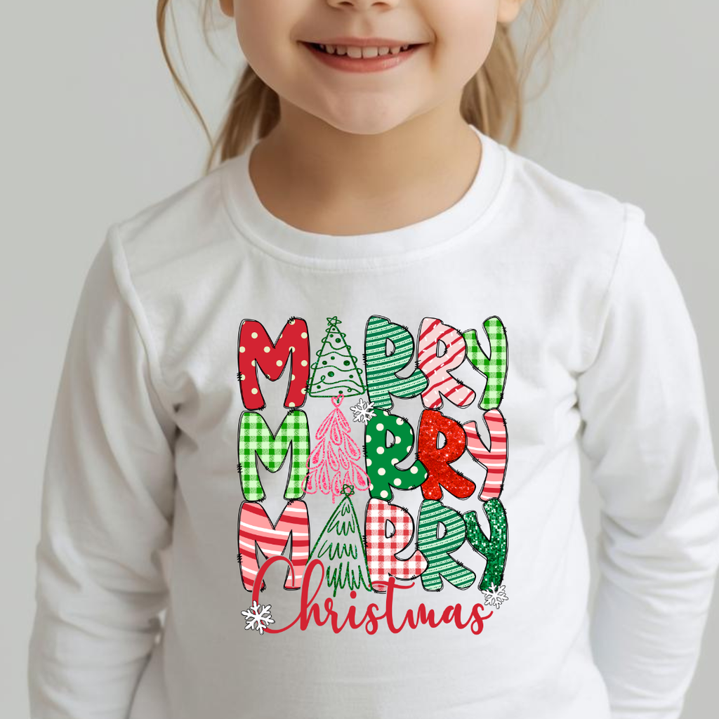 Merry Merry Christmas Patchwork DTF Transfer – Gingham, Glitter & Festive Trees Holiday Design