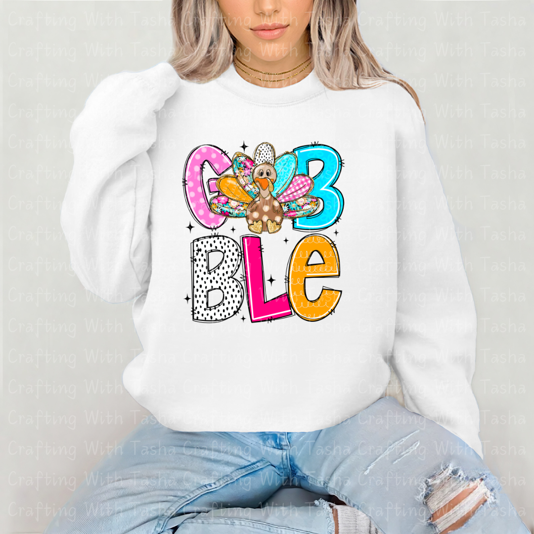 Colorful Patchwork Gobble Turkey Design – Customizable DTF Transfer, T-Shirt, Crew Neck, Hoodie, or Cup Transfer