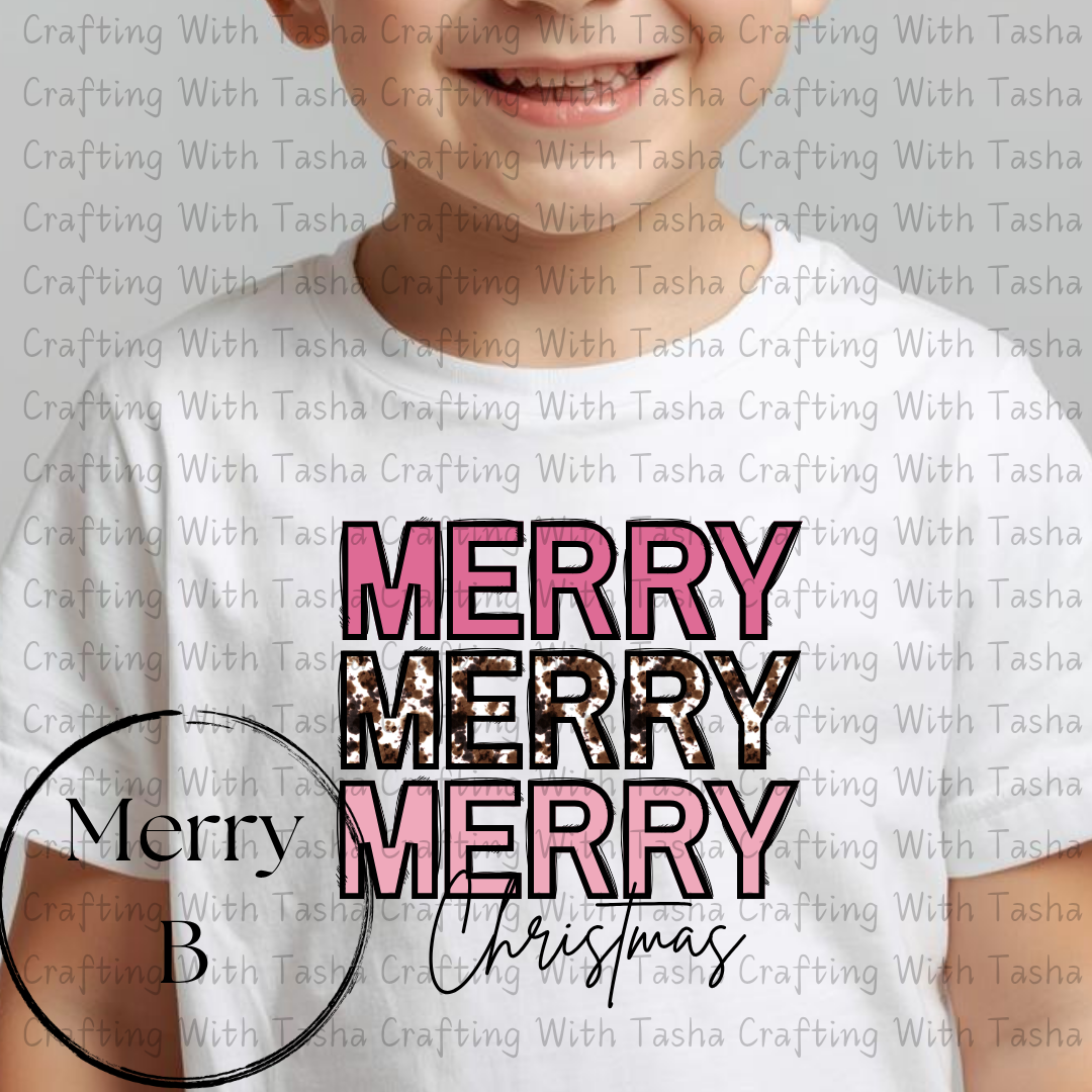 Merry Merry Merry Christmas Pink & Cow Print Design – Customizable DTF Transfer, T-Shirt, Crew Neck, Hoodie, or Cup Transfer