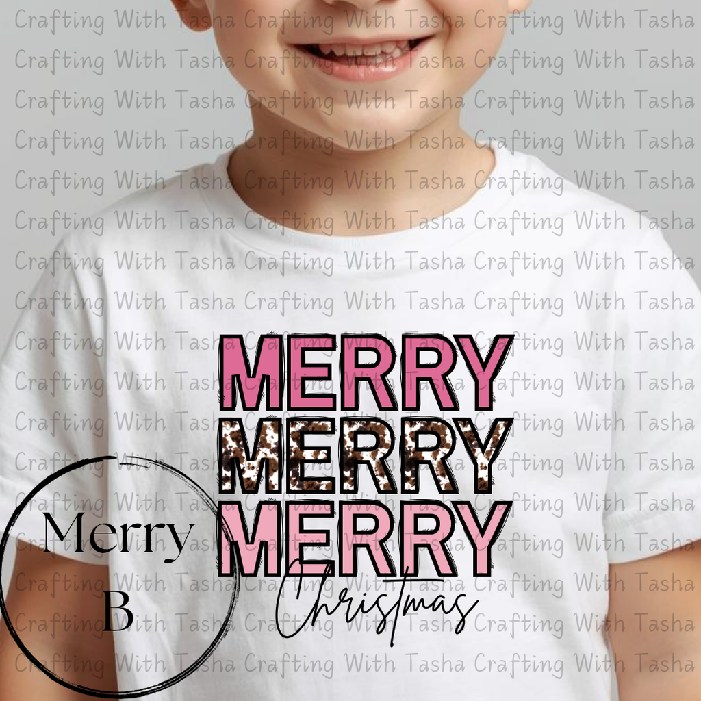Merry Merry Merry Christmas Pink & Cow Print Design – Customizable DTF Transfer, T-Shirt, Crew Neck, Hoodie, or Cup Transfer
